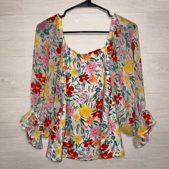 Perseption Concept Floral Chiffon Blouse Size Medium Ruffle Sleeve Top - Picture 7 of 7